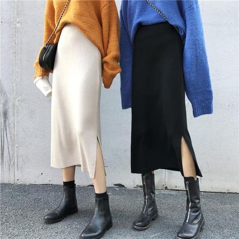 Straight Skirt Outfits, Long Knit Skirt, Knit Skirt Outfit, Long Straight Skirt, Fitted Denim Jacket, Long Skirt Outfits, Winter Skirt Outfit, Knit Pencil Skirt, Skirts With Boots