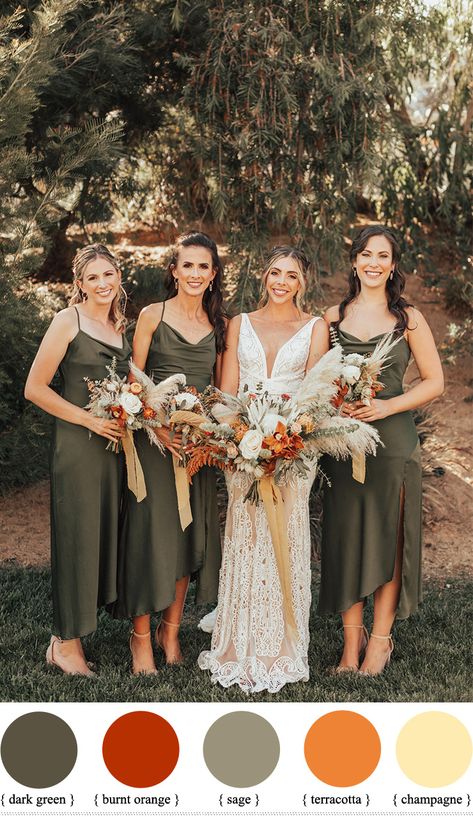 Olive Green Bridesmaid Dress Boho, Olive Green Wedding Party, Hanging Pampas, Olive Green Bridesmaid Dress, Waterfall Fairy, Olive Green Bridesmaid, September Wedding Colors, Olive Bridesmaid Dresses, Olive Green Wedding