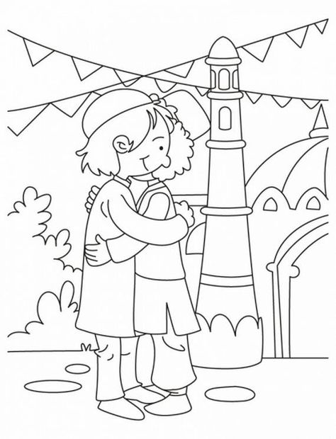 Eid Coloring Page For Kids | family holiday.net/guide to family holidays on the internet Festival Drawing, Family Coloring Pages, Islamic Kids Activities, Drawing Classes, Ramadan Kids, Ramadan Activities, Rainbow Canvas, Ramadan Crafts, Family Coloring