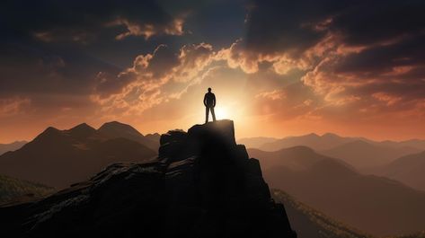 A man stands on a mountain top in front ... | Premium Photo #Freepik #photo #hope #hope-background #alone #courage Man On Top Of Mountain, Hope Background, Mountain Texture, Girls Music, Person Sitting, Man Standing, Mountain Top, Rose Lights, Mountain Landscape