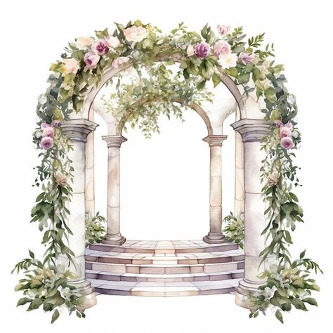 Floral Arch Illustration, Watercolor Painting Of Flowers, Background Wedding Design, Wedding Production, Wedding Watercolor Painting, Arch With Flowers, Digital Wedding Card, Wedding Cards Images, Wedding Gate