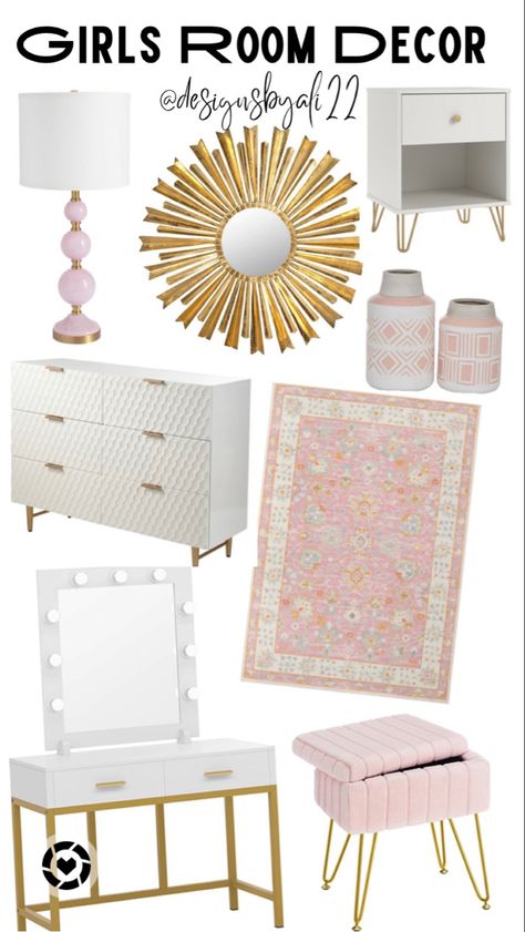 Pink Gold Room Bedrooms, Blush Pink White And Gold Bedroom, Pink Gold Teen Bedroom, Room Ideas Aesthetic Pink White And Gold, Pink And Gold Teenage Girl Bedroom, Pink And White Teen Bedroom, Gold And Pink Room Decor, Pink Gold And White Room, Pink Bed Frame Bedroom Ideas