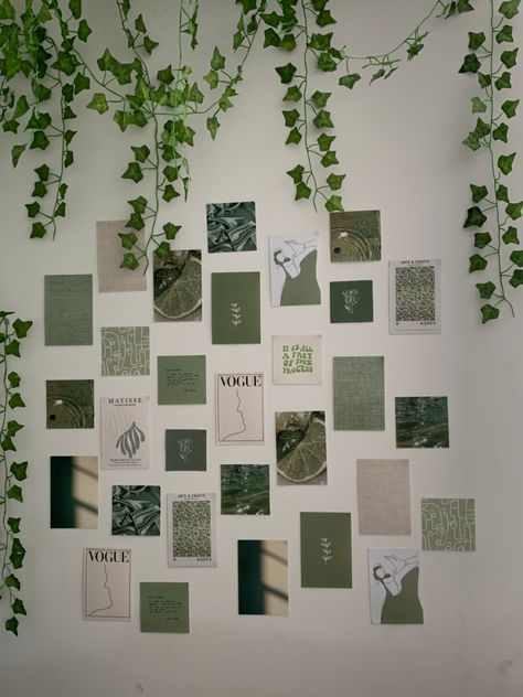 Green Bedroom Walls Cozy, Green Wall Collage Bedroom, Green Bedroom Wall Decor, Green Astethic Room Ideas, Pastel Green Bedroom Ideas, Room Collage Wall Aesthetic Pictures Green, Wall Decor Green, Sage Green Polaroid, Sage Green Wall Collage