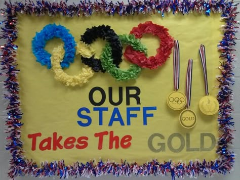 Olympic Staff appreciation bulletin board School Olympics Decorations, Olympics Board Ideas, Staff Appreciation Bulletin Board, Olympic Back To School Theme, Olympic Staff Appreciation, Olympic Door Decorations For School, Olympic Theme Bulletin Board Ideas, Olympic Bulletin Board Ideas, Olympic Office Decorations