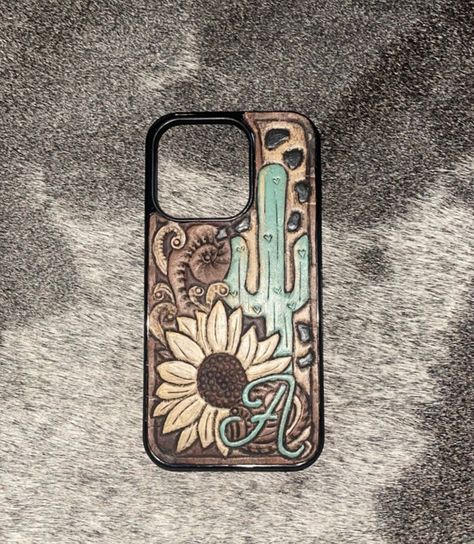 Cactus And Sunflower Tooled Leather Phone Case! Made To Order! Add Initial and Phone In Personalization Box! Western Stuff To Buy, Diy Leather Phone Case, Western Phone Cases, Leather Phone Case Western, Cactus And Sunflower, Tooled Leather Phone Case, Leather Phone Case Handmade, Belt Ideas, Phone Things