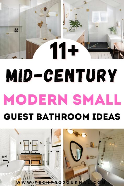 Create a welcoming vibe with mid-century modern design in your guest bathroom! These mid-century ideas combine vintage accents with modern functionality, perfect for a small bathroom that makes a big impression. Small Bathroom With Shower Only, Modern Kids Bathroom Ideas, Modern Mid Century Bathroom, Mid Century Bathroom Remodel, Small Guest Bathroom, Small Guest Bathroom Ideas, Tiny Bathroom Makeover, Modern Shower Doors, Modern Small Bathroom Ideas