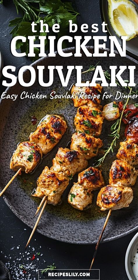 Indulge in the flavors of Greece with this delicious Chicken Souvlaki recipe! Perfectly marinated chicken skewers grilled to perfection, served with a side of tzatziki sauce and fresh veggies. These savory bites are ideal for summer barbecues, quick weeknight dinners, or meal prep. You’ll love how easy it is to whip up this Mediterranean delight that’s packed with protein and bursting with flavor. Elevate your culinary skills and enjoy a taste of the Mediterranean right at home! Chicken Slouvaki Recipe, Chicken Solvocki, Chicken Slouvaki, Souvlaki Chicken Marinade, Verenika Recipe, Chicken Solvocki Recipe, Souvlaki Seasoning, Chicken Slovaki, Chicken Souvlaki Skewers