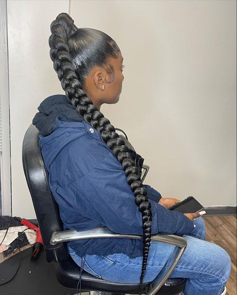 High Braided Ponytail Hairstyles Black Women, One Long Braid Ponytail For Black Women, Braided Long Ponytail Black Women, Black Woman Braided Ponytail, One Long Braid Ponytail For Black Women Tutorial, Long Braided Ponytail Photoshoot, High Ponytail Braid, Cute Quick Hairstyles, Classy Hairstyles