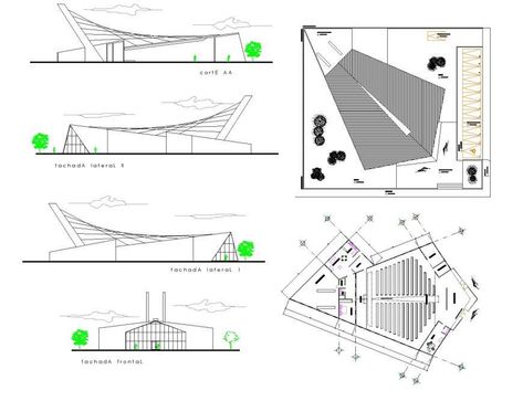 Modern church plan, elevation and section layout file, hatching detail, section lien detail, dimension detail, naming detail, ramp detail, landscaping detail in tree and plant detail, furniture detail in table, chair, door and window detail, section A-A’ detail, front elevation detail, side elevation detail, back elevation detail, etc. Church Floor Plans Layout, Church Plans Layout, Modern Church Architecture, Contemporary Church Design, Church Layout, Church Building Plans, Church Design Architecture, Side Elevation, Elevation Church