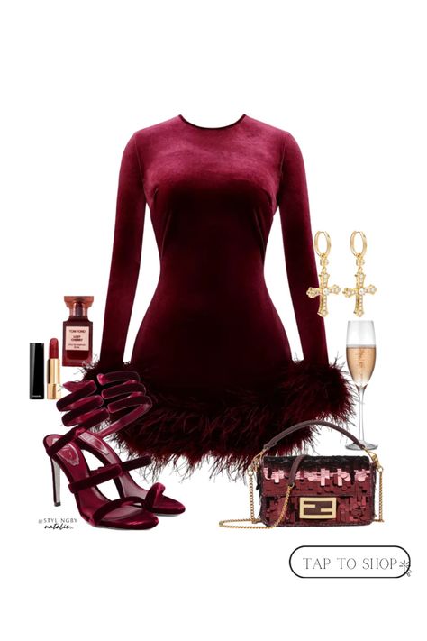 NYE dress, NYE outfit inspo, New Year’s Eve party dress- burgundy dress with feather trim and sleeves, wrap up sandals, sequin fendi  bag, cross earrings. Party New Year Outfit, Burgundy Holiday Outfit, Nye Party Dresses, Xmas Outfit, New Year’s Eve Outfit, Date Night Fashion, Nye Dress, Burgundy Outfit, Nye Outfits