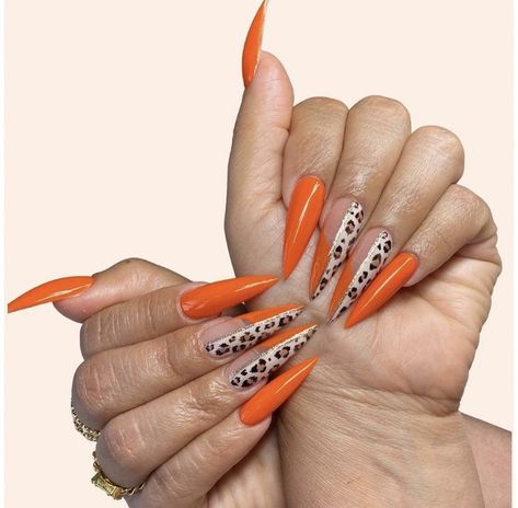 Leopard Print Nails Orange, Orange Animal Print Nails, Bright Stiletto Nails, Nail Art Stilleto, Orange Leopard Nails, Stilleto Nails Designs Summer, Summer Leopard Nails, Orange Stiletto Nails, Nail Ideas Graduation