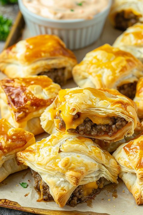 Cheeseburger Pockets Hamburger Meat Recipes Crossant, Hamburger Crossiant Recipes, Cheeseburger Puff Pastry, Ground Beef Roll Ups, Cheeseburger Crescent Rolls, Cheeseburger Appetizers, Ground Beef Appetizers, Cheeseburger Pockets, Easy Authentic Chinese Recipes