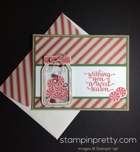 stampin-up-candy-cane-christmas-holiday-card-idea-mary-fish-stampinup Jar Of Love, 3d Templates, Mason Jar Cards, Christmas Greetings Cards, Candy Cane Lane, Mary Fish, Christmas Card Inspiration, Homemade Christmas Cards, Stampin Up Christmas Cards