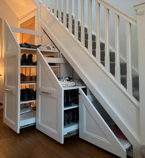 Under Stairs Pull Out Storage, Stair Cases Ideas, Understands Storage, Hallway Shoe Storage Ideas, Stairs Shoe Storage, Hallway Storage Ideas, Under The Stairs Storage, Stair Door, Todd James