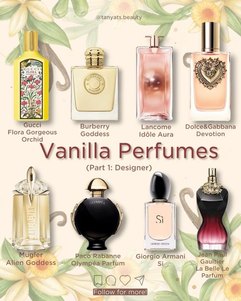 Vanilla is by far the most popular note in modern perfumes for women. It is impossible to recommend only one or a few best vanilla scents, that’s why I’ll prepare series of posts, starting with the most popular or newest designer options 👇🏻 ▫️ Gucci Flora Gorgeous Orchid — the newest release from the brand, and it’s the least floral in the range. Vanilla orchid basically smells like vanilla with tiny bit of tropical vibe. ▫️ Burberry Goddess — a beautiful classy vanilla scent with lavende... Classy Perfume For Women, Good Perfumes For Women, Best Vanilla Perfume For Women, Smell Like A Goddess, Vanilla Perfumes For Women, Burberry Goddess, Gucci Flora Perfume, Jean Paul Gaultier La Belle, Mugler Alien Goddess