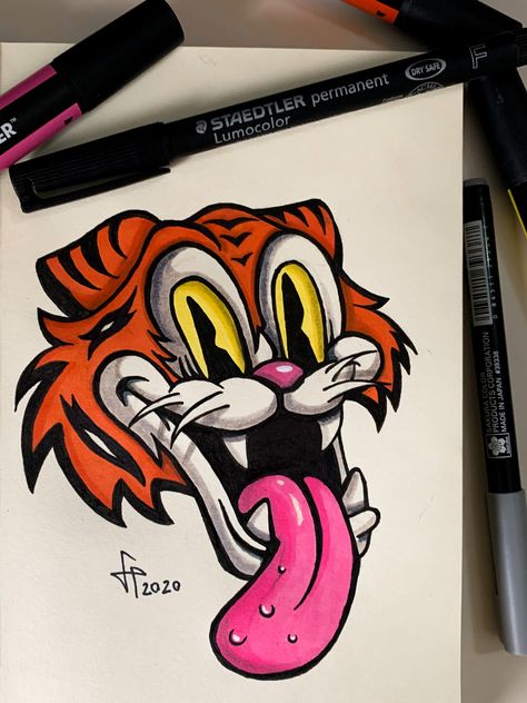 #tiger #cartoon #vintage #drawing #markers #sketch Cartoon Drawings Colorful, Maker Drawing Ideas, Cute Tiger Drawing, Tiger Graffiti, Marker Doodles, Tiger Cartoon, Disney Pop Art, Easy Christmas Drawings, Skull Art Tattoo