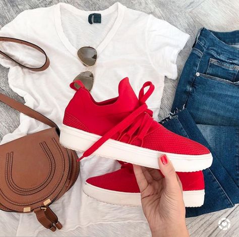 White tee, skinny jeans, red sneakers, & Chloe crossbody | Edit by Lauren Red Sneakers Outfit Women, Crewneck And Jeans, Sick Outfit, Retro Sneakers Outfit, Red Sneakers Outfit, Sneakers Outfit Women, Wonderland Clothes, White Shoes Outfit, So Exhausted