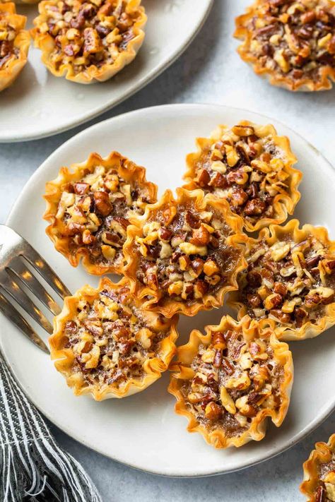 Mini Pecan Phyllo Tarts, Phyllo Tart Shell Recipes, Phyllo Desserts, Handheld Desserts, Small Thanksgiving Dinner, Unusual Desserts, Dairy Free Thanksgiving Recipes, Phyllo Shells, Dairy Free Thanksgiving