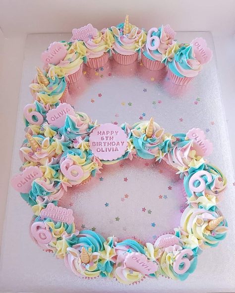 Number 6 Cupcakes Design, Number 6 Cupcakes, 10 Cupcake Cake Number, Sweet Sassy And Six Birthday Cake, Number 6 Cupcake Cake, 6 Cupcake Cake, Girly Cupcakes Birthday, Cupcake Number Cake, Sassy And Six Birthday