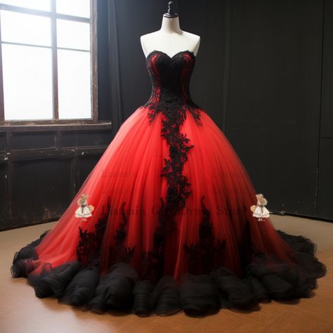 Black Red And White Wedding Dress, Wedding Dress Red And White, Red Wedding Dress Plus Size, Black And Red Wedding Dress, Red And Black Dresses, Wedding Dresses Red, Red And Black Gown, Bell Sleeve Wedding Dress, Red Wedding Gowns