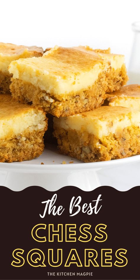 Chess Squares are an easy and amazing dessert. Creamy, crunchy, and smooth, they are some of the best things to come out of the South recipe-wise! Chess Squares Paula Deen, Easy Chess Bars, Chess Cake Squares, Old Fashioned Squares, Chest Squares Recipe, Chess Squares From Scratch, Chess Bars Easy, Chess Cake Recipe Easy, Chess Pie Squares