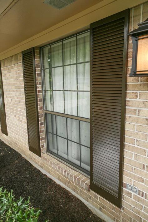 Shutters On A Brick House, Brick House With Brown Trim, Black Shutters On Brick House, Shutters On Blonde Brick House, Brown Shutters On Brick, Tan Brick House With Black Trim, Brown Brick Ranch House Exterior, Buff Brick House Exterior, Black Shutters Brick House