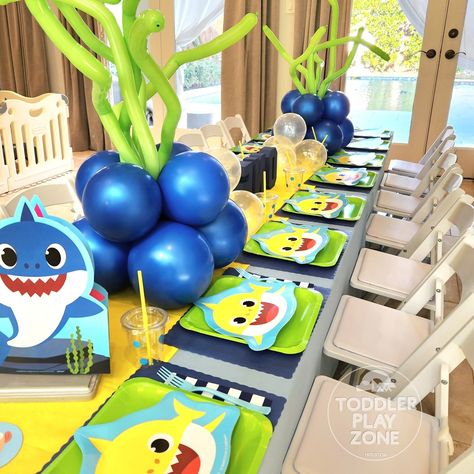 Baby Shark Table Decorations, Baby Shark Birthday Party Boy Decoration, Baby Shark Centerpiece Ideas, Baby Shark Birthday Party Boy, Baby Shark Birthday Party, Kids Party Rentals, Shark Themed Party, Baby Shark Birthday, Barnyard Birthday Party