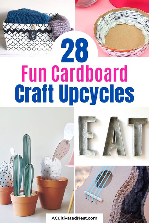 28 Clever Cardboard Craft Ideas- A fun way to recycle your cardboard delivery boxes is with these clever cardboard craft upcycle ideas! There are so many cute cardboard box upcycles you can do! | things to make with cardboard boxes, #recycling #upcycling #craftIdeas #DIY #ACultivatedNest Things You Can Do With Cardboard, Things To Make With Cardboard Boxes Easy, Art Using Cardboard, Cardboard Box Upcycle, Making Things Out Of Cardboard, Corrugated Cardboard Crafts, What To Do With Cardboard, What To Make Out Of Cardboard, Diy Crafts Cardboard