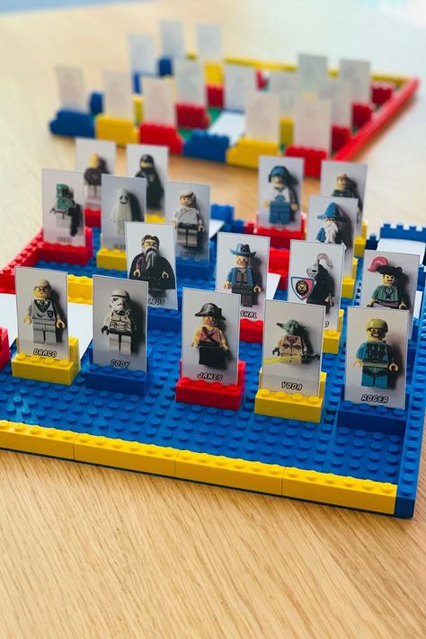 You can make your own Guess Who game board using LEGO bricks for an easy homemade game that fits printable cards. Make a custom game with family photos or printable LEGO Minifigure cards. Guess Who Printable, Lego Board Game, Lego Camp, Homemade Board Games, Guess Who Game, Board Games Diy, Printable Games For Kids, Free Lego, Lego Games