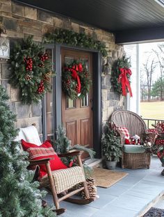 Front Porch Christmas Decor Ideas Rustic, Potted Evergreens, Fuzzy Pillows, Buffalo Plaid Christmas Decor, Property Ideas, Christmas Porch Decor Ideas, Christmas Lodge, Plaid Blankets, Christmas Door Decoration