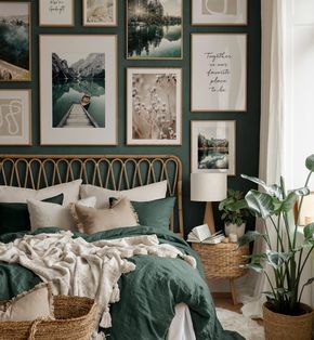 Peacock Teal Bedroom, Green Witch Bedroom, Travel Inspired Bedroom, Nature Aesthetic Bedroom, Nature Bedroom Aesthetic, Quotes For Bedroom, Wall Landscape, Design Ložnic, Gallery Wall Bedroom