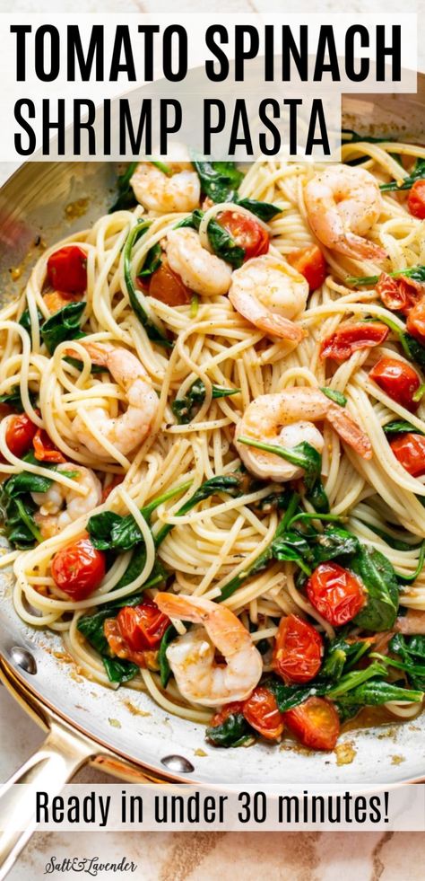 Shrimp Pasta Recipes Spinach, Shrimp With Spinach And Tomatoes, Low Calorie Shrimp Pasta Recipes, Ww Shrimp Pasta Recipes, Tomato And Spinach Recipes, Healthy Shrimp Pasta Salad, Low Calorie Recipes Pasta, Low Calorie Shrimp Pasta, Low Calorie Seafood Recipes