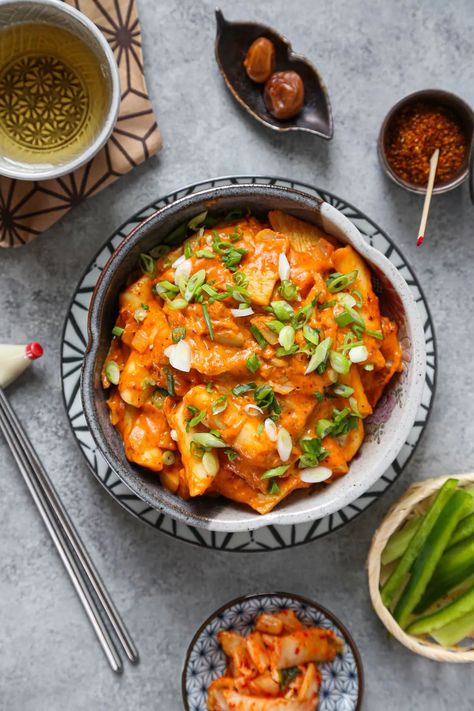 Rose Tteokbokki (Creamy and Spicy Korean Rice Cakes) | Pickled Plum Tteokbokki Creamy, Rose Tteokbokki, Korean Rice Cakes, Tteokbokki Recipe, Cocktail Sausages, Korean Rice Cake, Gochujang Sauce, Korean Rice, About Rose