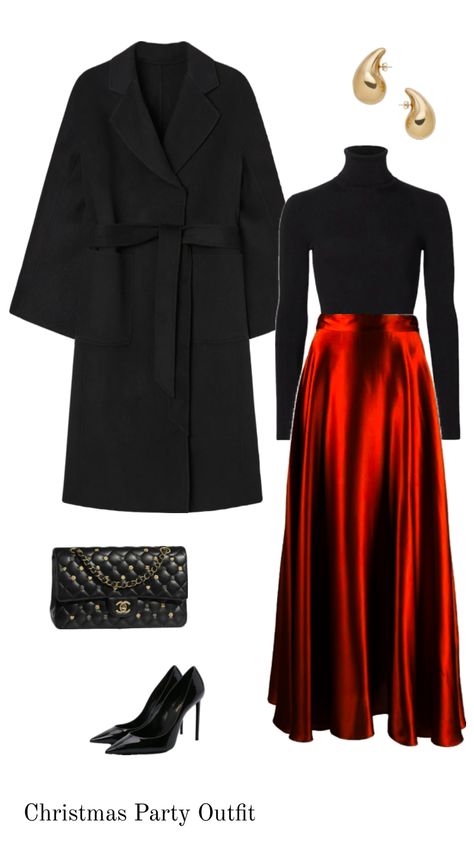 Christmas Party Outfit: red satin skirt Satin Skirt Outfit Party, Red Satin Skirt Outfit, Office Christmas Party Outfit, Kate Middleton Style Dresses, Christmas Party Office, Party Outfit Black, Red Satin Skirt, Satin Skirt Outfit, Christmas Day Outfit