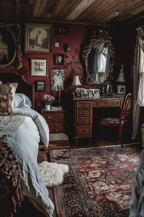 Witches Bedroom Aesthetic, Dark Academia Bedroom Inspo Vintage, Romantic Goth Room Decor, Vintage Dark Academia Bedroom, Dark Vintage Aesthetic Room, Vintage Inspired Bedroom Ideas, Dark Antique Bedroom, Vintage Apartment Aesthetic Bedroom, Dark Romantic Decor