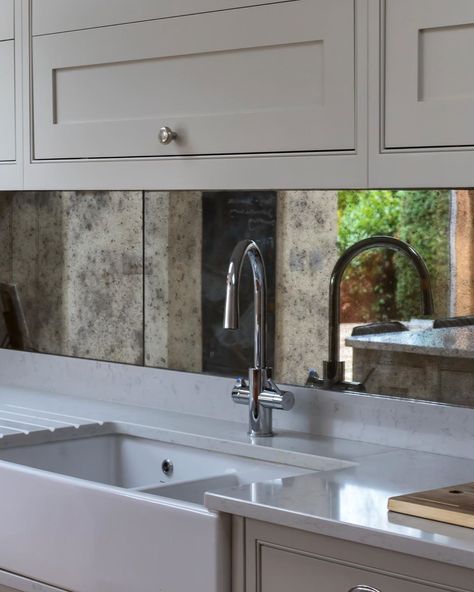 love this elegant Shaker kitchen by @planetfurnitureltd featuring an @PerrinandRowe Belfast sink and ofcourse our very own Really Rough toughened Antique Mirror Splashback panels. Kitchen Mirror Tiles, Mirror Kitchen Tiles, Kitchen Antique Mirror, Kitchen Antique Mirror Splashback, Antique Glass Splashback Kitchen, Backsplash Mirror Kitchen, Antique Mirror Kitchen Backsplash, Kitchen Sink Splashback Ideas, Antique Mirror Splashback Kitchen