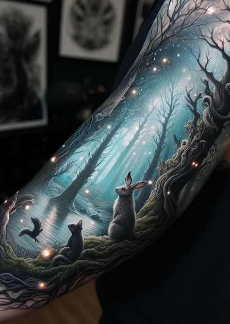 Nature meets artistry! Find inspiration for enchanting hand tattoos that capture the spirit of a magical woodland. #handtattoos #forestattoos #tattoos #pocoko #tattooideas #womentattoos #girltattoos #naturetattoos Fairytale Sleeve Tattoo, Magical Forest Tattoo, Wicked Tattoo Ideas, Woodland Tattoo Sleeve, Enchanted Forest Tattoo, Fall Reference, Enchanted Tattoo, Sam Tattoo, Cool Nature