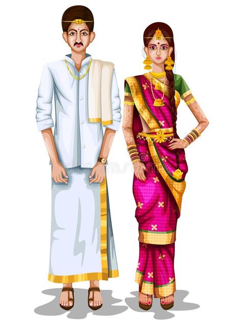 Tamil wedding couple in traditional costume of Tamil Nadu, India. Easy to edit vector illustration of Tamil wedding couple in traditional costume of Tamil Nadu stock illustration Tamilnadu Traditional Dress, Tamilnadu Illustration, Bride Fashion Illustration, Bride And Groom Cartoon, Painting Journal, Indian States, Mandala Elephant, Indian Wedding Couple, Tamil Wedding