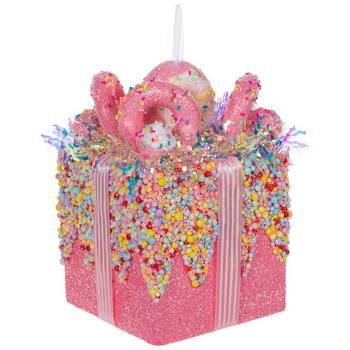 Dimensions: 8.75" H x 7" W x 7" D Material: Foam, Fabric & Plastic Shape: Novelty Color: Pink, White, Iridescent & Yellow Pattern: Stripes Orientation: Vertical Includes: 1 Ribbon Care & Safety: Decorative Use Only Quantity: 1 Make your holiday display look even sweeter with this Sprinkled Gift Box Ornament. This colorful piece is shaped like a gift box, decorated with iridescent confetti and foam sprinkles. Sitting on top of the box is a collection of sweet treats and donuts that will make your Meaningful Christmas, Candy Ornaments, Candyland Christmas, Lollipop Candy, Blue Candy, Candy Cane Stripes, Felt Garland, Candy Land Christmas, Gifts Cards