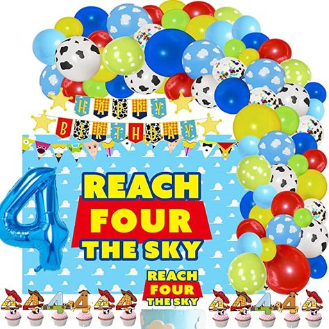 Toy Inspired Story Birthday Party Supplies 4th Birthday-Cartoon Story Balloons Arch Banner Backdrop Cake Cupcake Topper 4 Foil Number Balloon for 4th Year Old Boys Bday Decor Sky Cake, Cartoon Story, Bday Decor, Balloons Arch, Foil Number Balloons, Toy Story Theme, Boy Birthday Party Themes, Birthday Cartoon, Party Themes For Boys