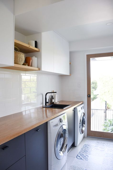 Timber Benchtop Kitchen, Wooden Kitchen Bench, Timber Benchtop, Kitchen Canopy, Utility Room Designs, Island Countertop, Laundry Room Ideas Small Space, Timber Kitchen, Kitchen Benchtops