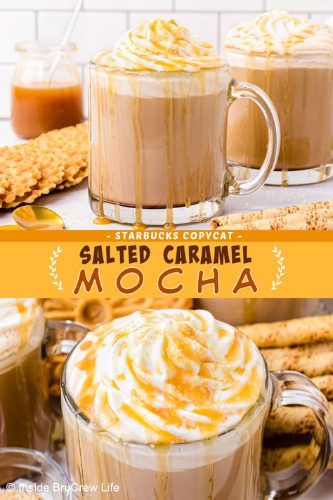 Make your own delicious salted caramel mocha at home! This recipe is easy to make with a few simple ingredients. Top it off with a swirl of whipped cream and a sprinkle of sea salt for the ultimate flavor explosion. And the best part? You can enjoy this Starbucks copycat drink anytime of the year! Caramel Machiatto Iced, Starbucks Salted Caramel Mocha, Mocha At Home, Salted Caramel Latte, Carmel Coffee, Copycat Starbucks Drinks, Caramel Drinks, Salted Caramel Coffee, Salted Carmel