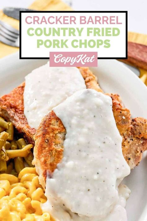 The best fried pork chops that are crispy on the outside and perfectly seasoned. Get the easy copycat recipe and find out how to make Cracker Barrel Country Fried Pork Chops either bone in or boneless. Southern buttermilk fried pork chops is classic comfort food. Best Fried Pork Chops, Country Fried Pork Chops, Southern Fried Pork Chops, Fried Pork Chop Recipes, Cracker Barrel Copycat Recipes, Breaded Pork Chops, Grilled Chicken Tenders, Country Fried, Fried Pork Chops