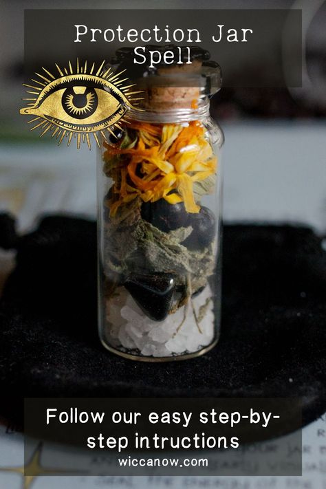 Learn how to create your own ultimate protection jar with our easy to follow spell instructions. We'll teach you everything you need to know about jar spells so you'll be sure to cast a powerful protection spell. #protectionspell #jarspell #witchtips Protection Spell Jar Ingredients, Home Protection Spell Jar Diy, Good Energy Spell Jar, Protection Jar For Car, Karma Spell Jar Witchcraft, Powerful Protection Spell Jar, Happy Home Spell Jar Recipe, Protection Spells Jar Easy, Rosemary Spell Jar