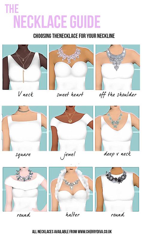 Choosing the right necklace for your neckline. – Cherry Diva Necklace For Neckline, Necklace Guide, 일본 패션, Hairstyles Videos, Fashion Dictionary, Fashion Terms, Fashion Vocabulary, Halter Neck Dress, The Necklace