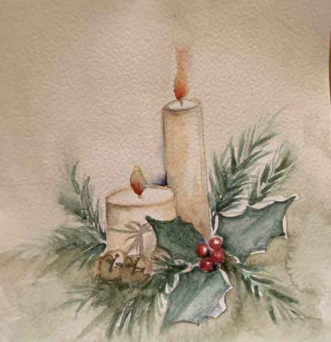 Watercolor Nativity Scene, Christmas Watercolors, Watercolor Candles, Watercolor Christmas Cards Diy, Painted Christmas Cards, Learn Watercolor Painting, Watercolor Flowers Tutorial, Christmas Artwork, Christmas Card Art