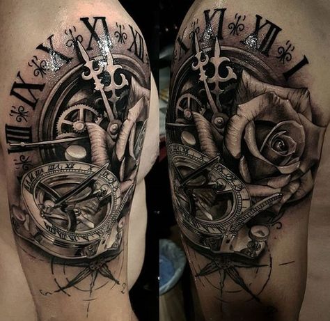 clock-tattoos-37 Sundial Tattoo, Jasmine Tattoo, Arm Wrap Tattoo, Wrap Tattoo, Shoulder Piece, Clock Tattoo Design, Mens Shoulder Tattoo, Watch Tattoos, Geniale Tattoos