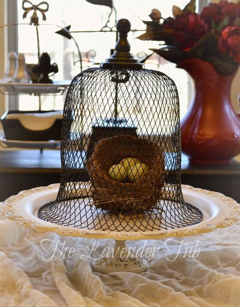 Finding Contentment, Wire Cloche, Cloche Ideas, Cloche Decor, Big Tub, Primitive Bathrooms, Dollar Store Ideas, Store Basket, Dollar Tree Diy Crafts