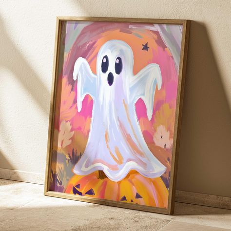 Halloween Decor Pastel, Floral Ghost Painting, Pastel Halloween Painting, Halloween Painting Ideas On Canvas Easy Ghost, Spooky Paint Night, Easy Ghost Painting, Halloween Canvases, Halloween Paintings On Canvas Easy, Ghosts Painting