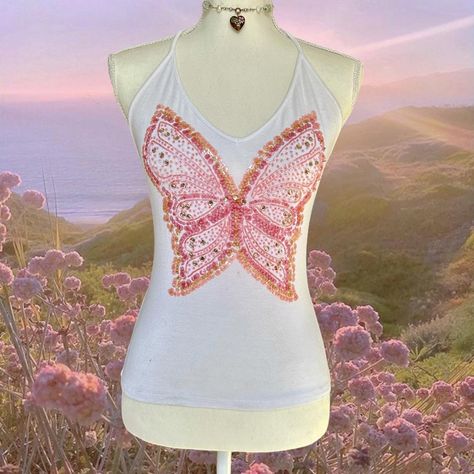 Y2K beaded butterfly halter top ☽༓･*˚⁺‧͙ embroidered... - Depop Pink And Green Butterfly, Sequin Butterfly, Beaded Butterfly, Gold Bridal Earrings, Grunge Fairy, Butterfly Top, Green Butterfly, Baby Tee, Boho Hippie